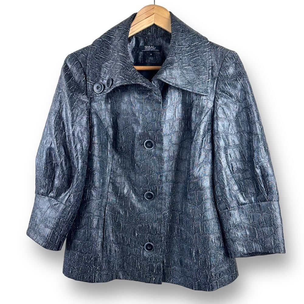 Tribal gunmetal shimmer‎ texted fabric lightweight jacket size 8